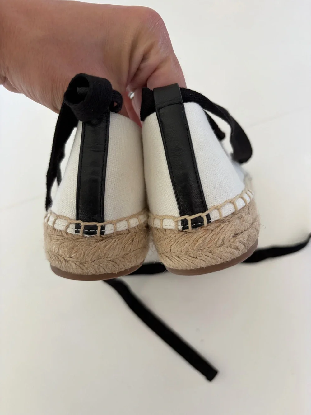 J. Crew Ivory Canvas Black Leather Cap Toe Ankle‎ Wrap Slip-On Espadrille Flats
